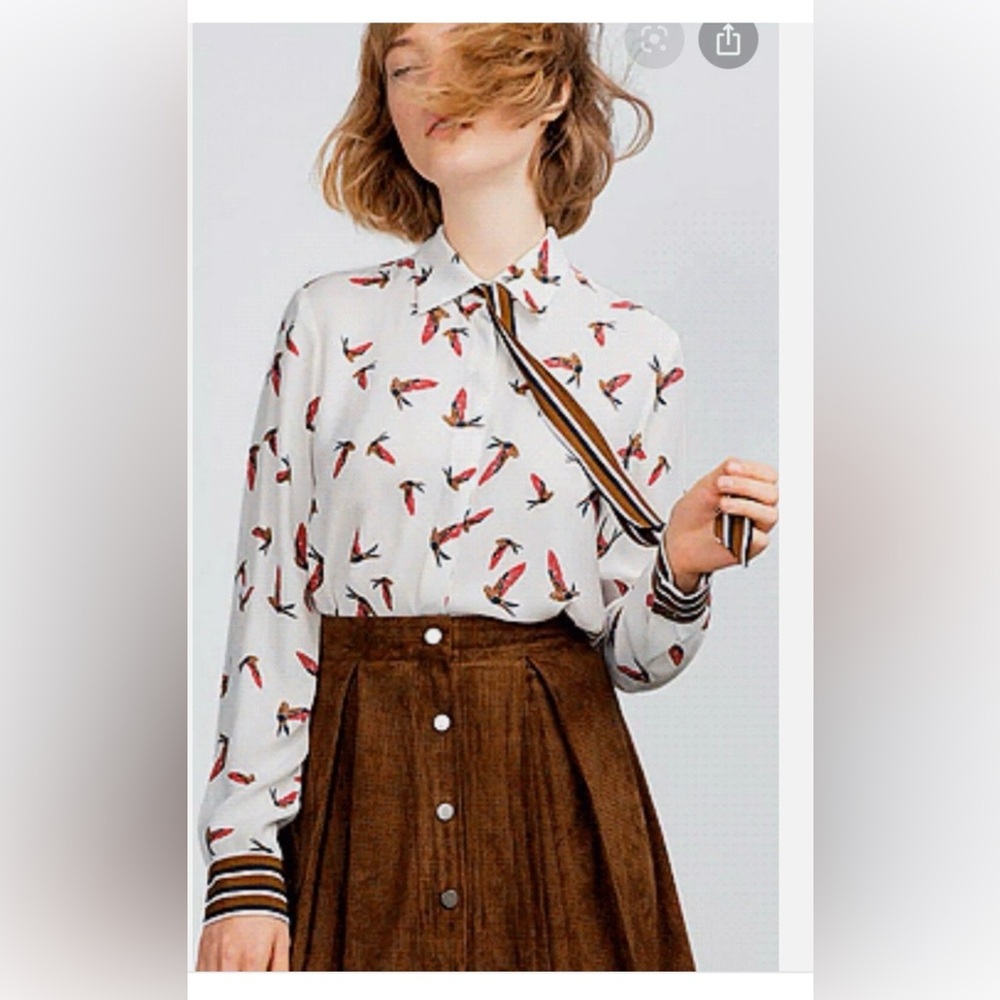 Zara White Button-Down Blouse with Red Bird Print